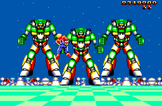 A boss fight against three giant robots.
