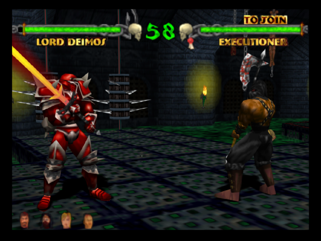 Two characters fight it out in a dreary dungeon.
