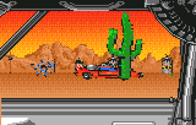 A sunset scene with a car driving behind a cactus.