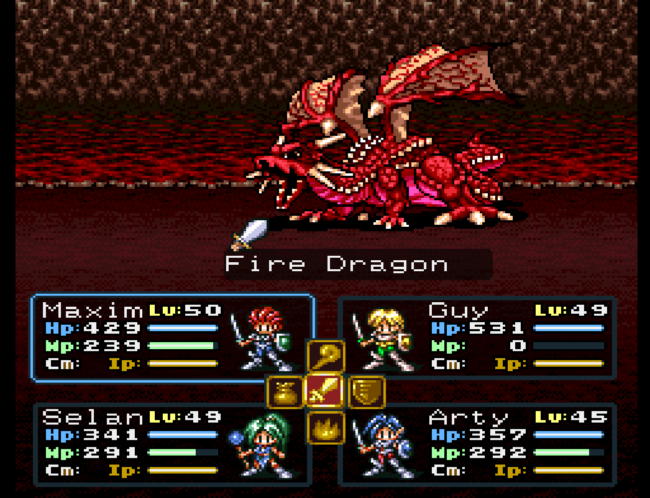 A battle sequence against a red dragon.
