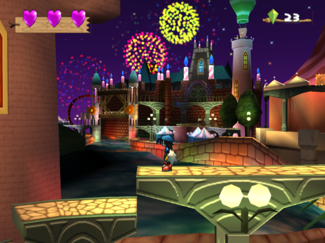 Fireworks explode in the background of the second world.