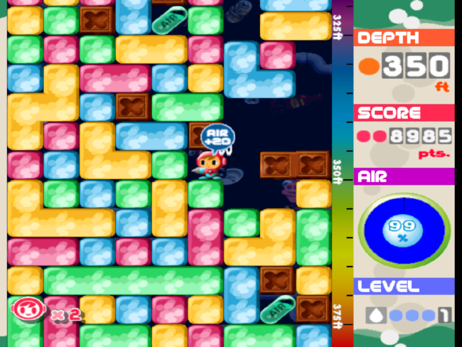 The stage collapses on Mr. Driller during gameplay.