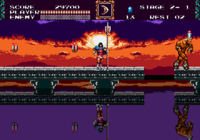 Reflections on the water show the main character as well as enemies.