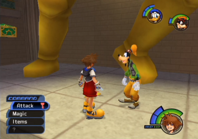 Sora, Donald, and Goofy in the Olympus world.