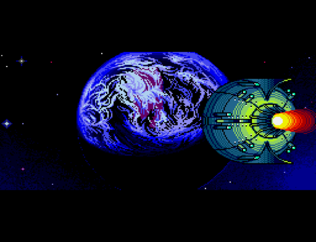 A space ship flies toward earth in the introductory sequence.