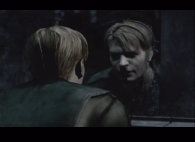 James Sunderland stares at himself in the mirror at the beginning of the game.