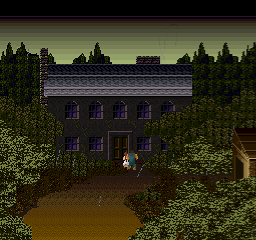 Two characters run toward a mansion during a rain storm.