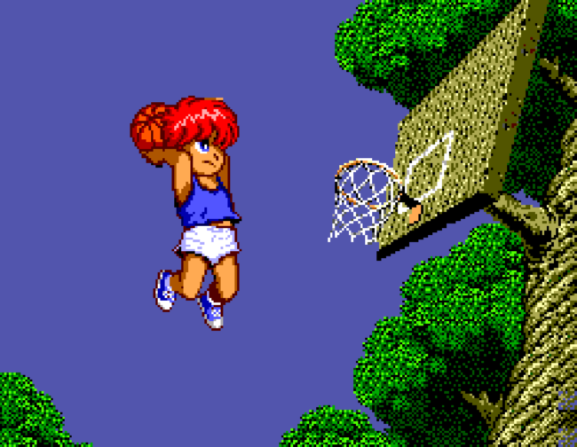 The main character dunks the ball for a point.