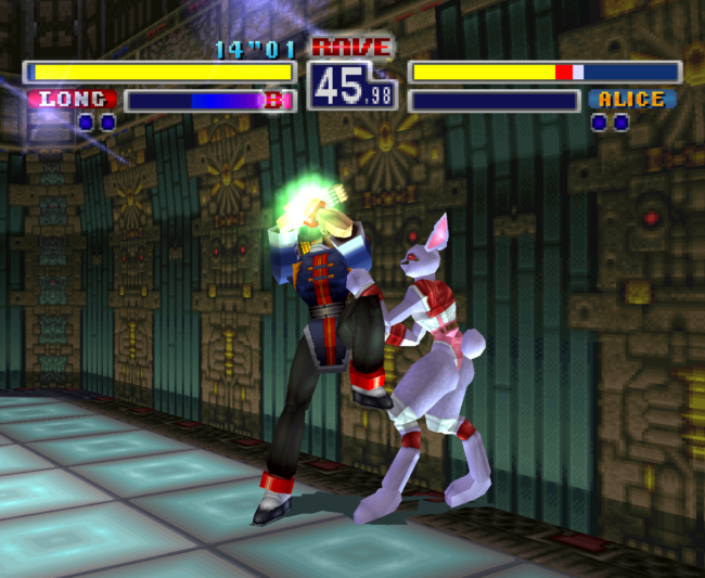 Alice and Long fight in a warehouse setting.
