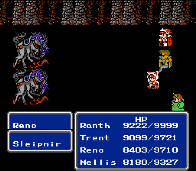 A battle scene late in the game against strong enemies.