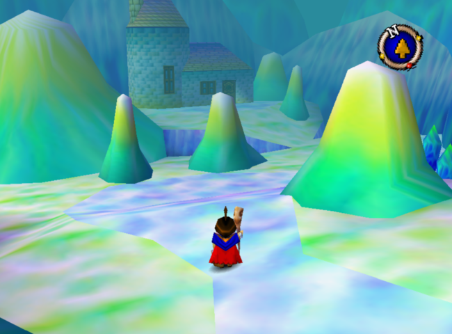 A magical and colorful cave being explored by the protagonist.