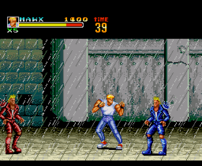 Beating down baddies in the rain.
