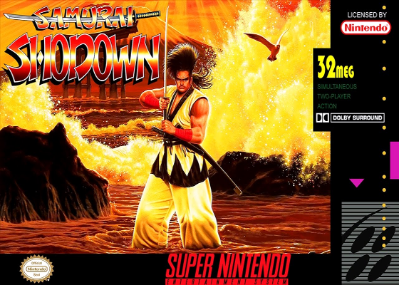 Front cover for Samurai Shodown for the Super Nintendo.