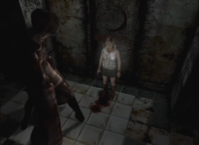 Heather faces off against a monster in a dark hallway.