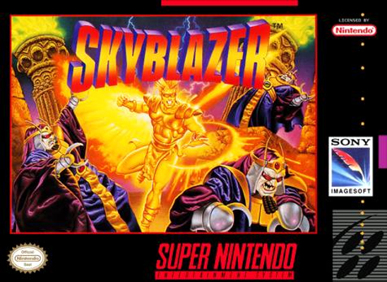 Front cover for SkyBlazer for the Super Nintendo.