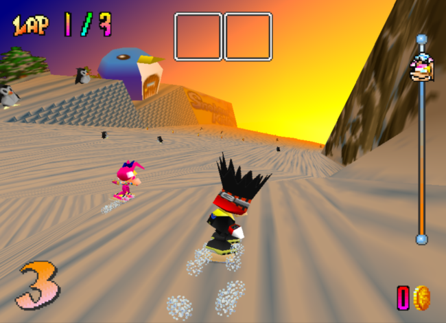 Snowboarding into the sunset against computer controlled foes.