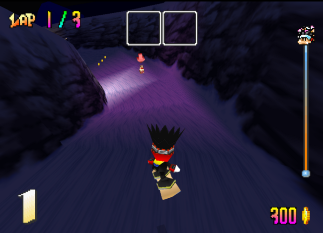 Racing through a cave full of coins and an item.