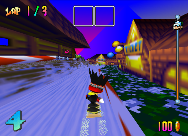 Sliding through a town area in Snowboard Kids.