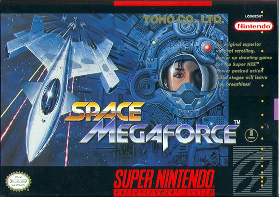 Front cover for Space Megaforce for the Super Nintendo.