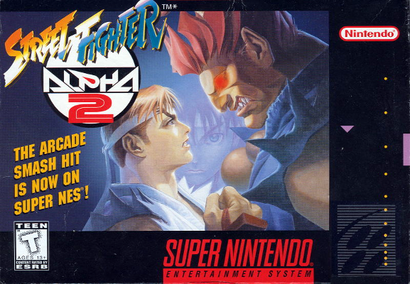 Front cover for Street Fighter Alpha 2 for the Super Nintendo.