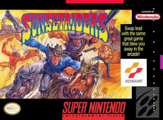 Front cover for Sunset Riders for the Super Nintendo.