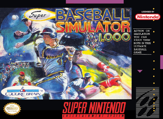 Front cover for Super Baseball Simulator 1000 for the Super Nintendo.