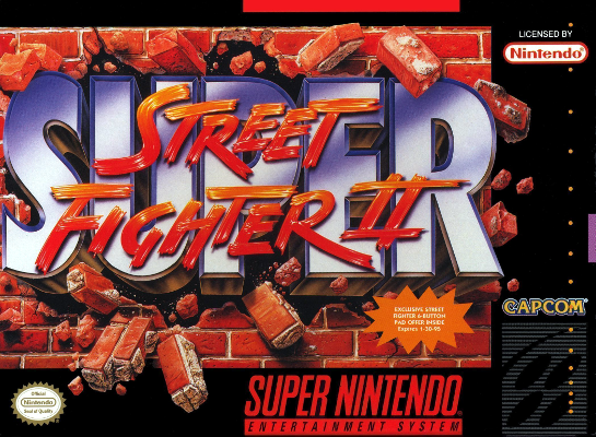 Front cover for Super Street Fighter II for the Super Nintendo.