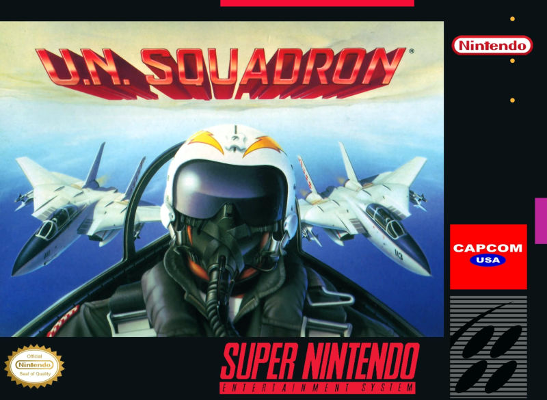 Front cover for UN Squadron for the Super Nintendo.