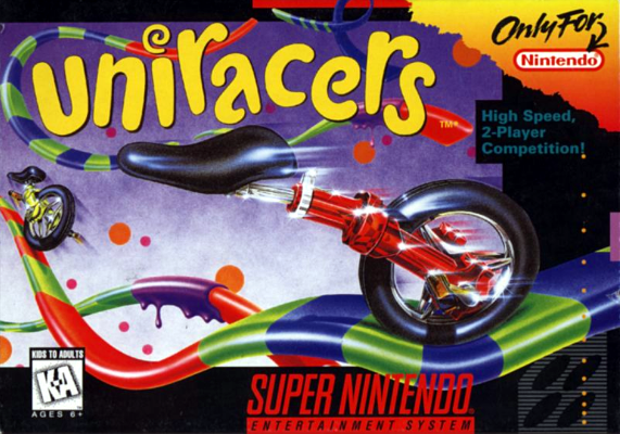 Front cover for Uniracers for the Super Nintendo.
