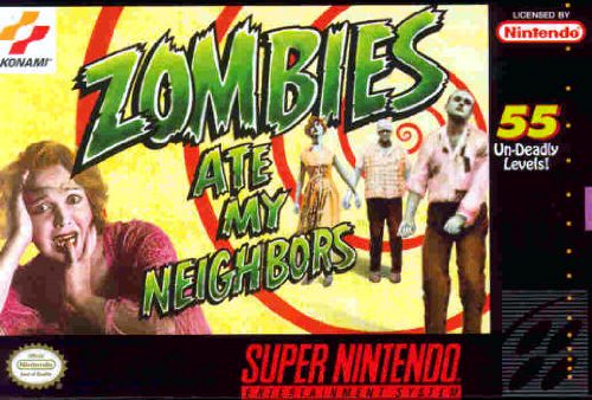 Front cover for Zombies Ate My Neighbors for the Super Nintendo.