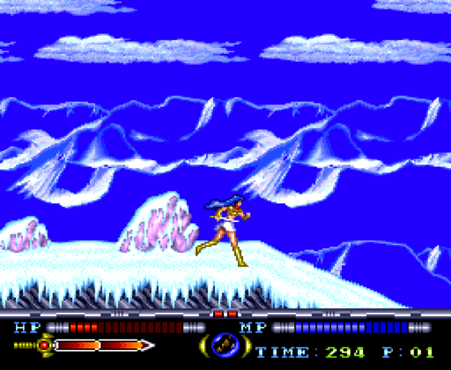 Yuko runs across an ice based stage.