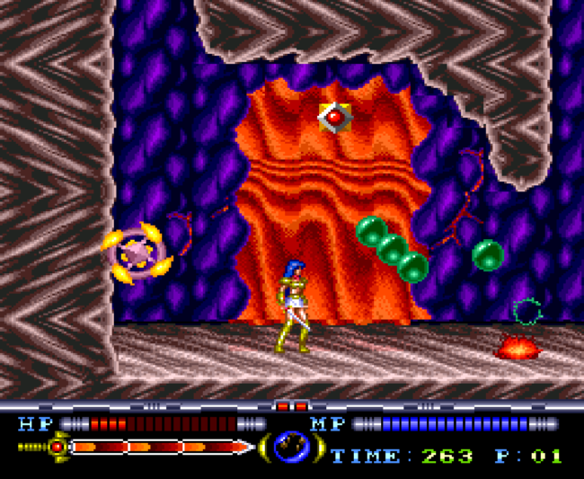 Yuko fights slimes in a lava themed level.