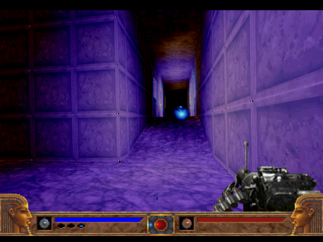Fighting an enemy in a dark corridor.