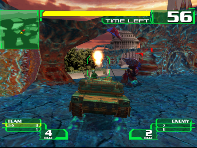 An army tank drives through areas taken over by aliens.