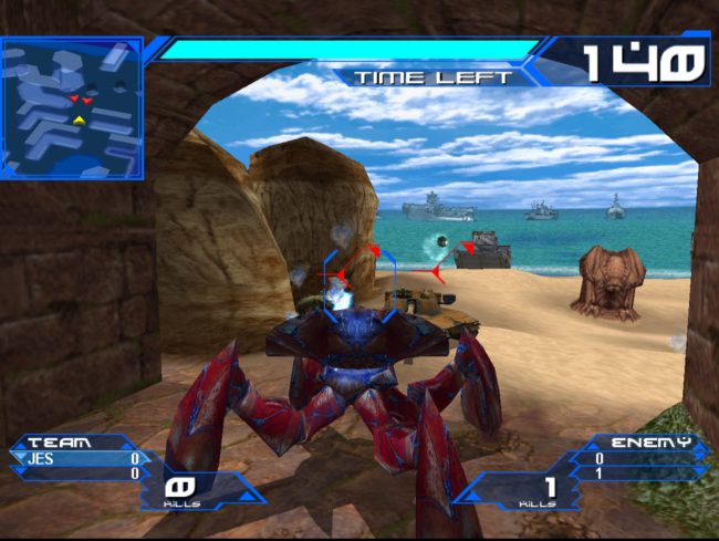 A crawling vehicle moves across the beach in Alien Front Online.
