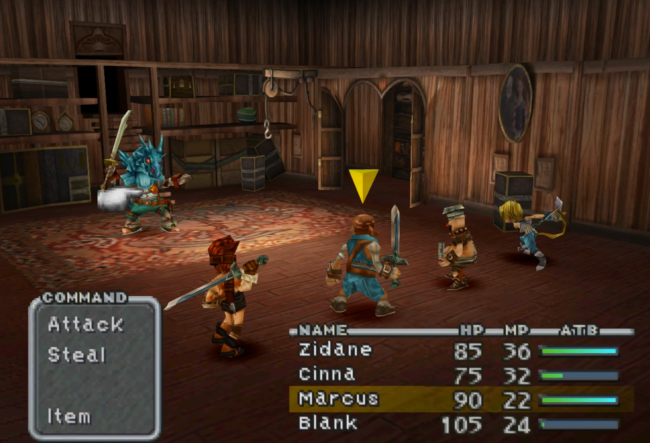 Four characters fight against another character in a dragon mask.
