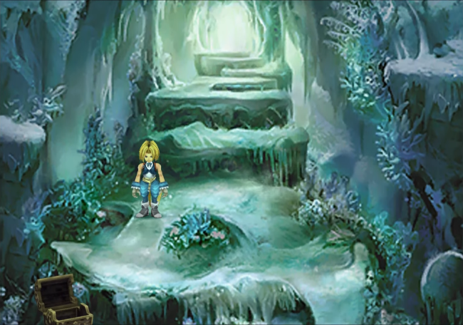 Zidane explores a cave covered in ice.