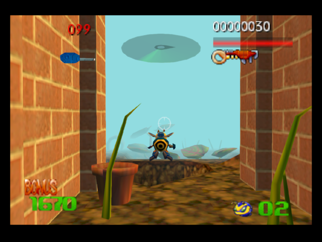Flying through the yard area in an early level.