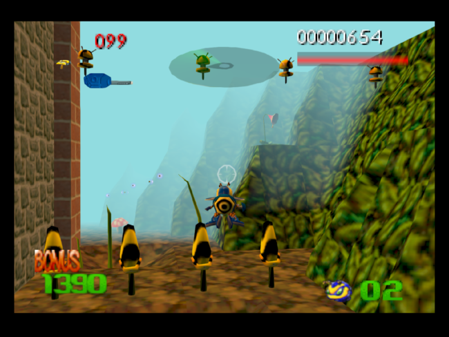 Shooting down enemy bugs in a fog filled stage.