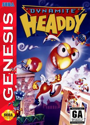 Front cover for Dynamite Headdy for the Sega Genesis.