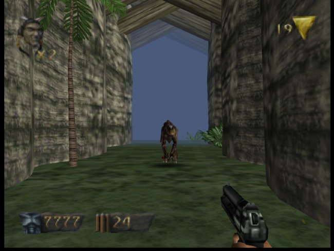 A dinosaur approaches from a corridor.