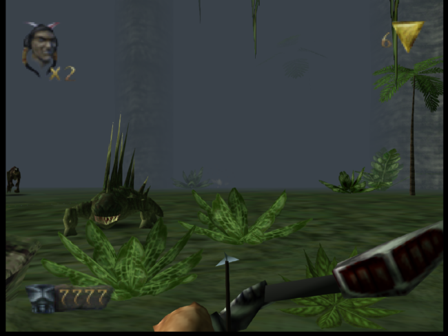 The player fights spiked dinosaurs using the bow and arrow.