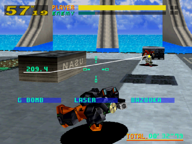 Two mecha robots target each other on an ocean stage.