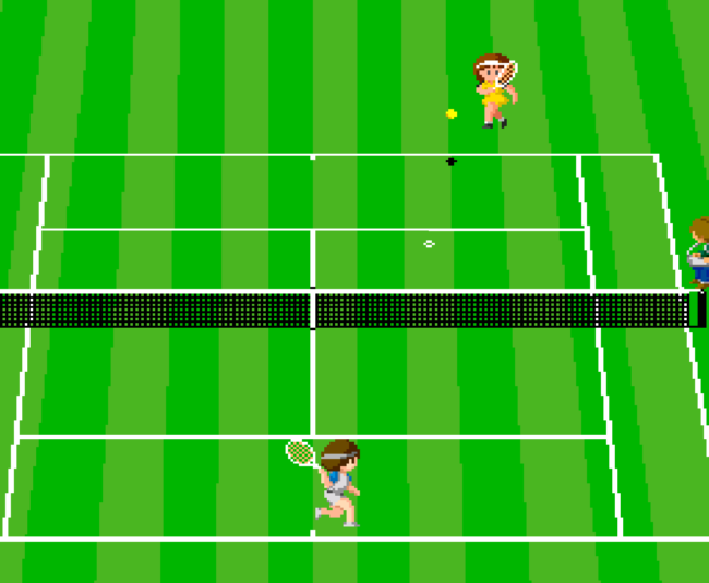 An in-game tennis match between two characters.