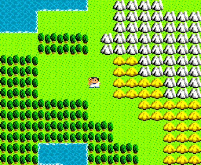 The player's character explores the world map with mountains, oceans and forests.