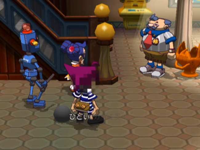 Pokkle, Mappo, and a girl interact with the mayor of Nanashi Island.