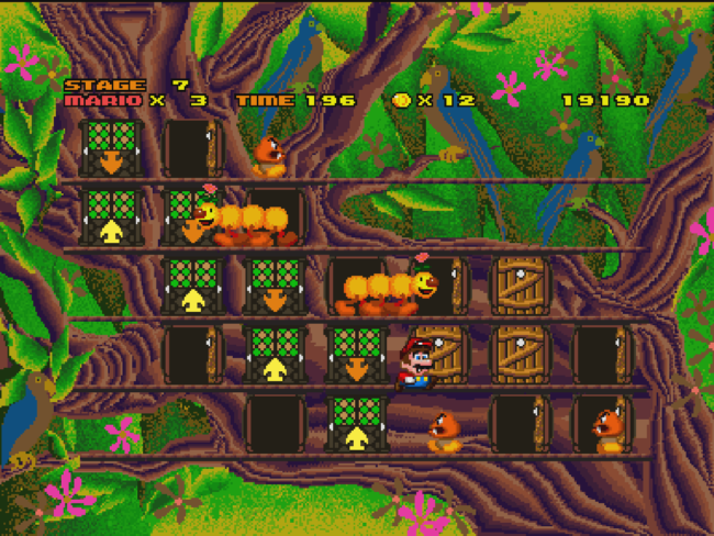 Mario jumps atop foes heads in an early stage.