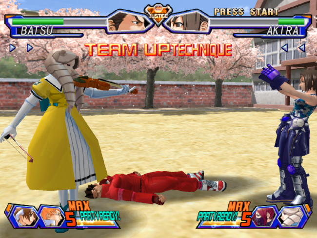 Three characters team up to do a super move in battle.