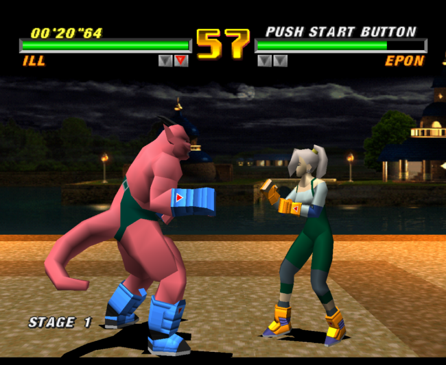 Two fighters stand off as a match begins in Tobal 2.