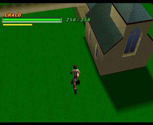 The main character wanders around the town area in the RPG mode.